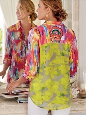 Soft Surroundings Festiva Vibrant Tie Dye Embroidered Blouse Large EXCELLENT